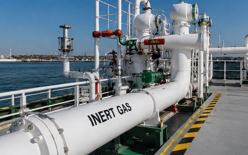 Inert gas system pipework on tanker deck