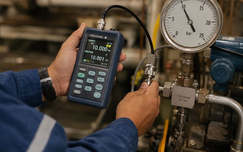 Yokogawa CA150 handheld calibrator in use on pressure transmitter